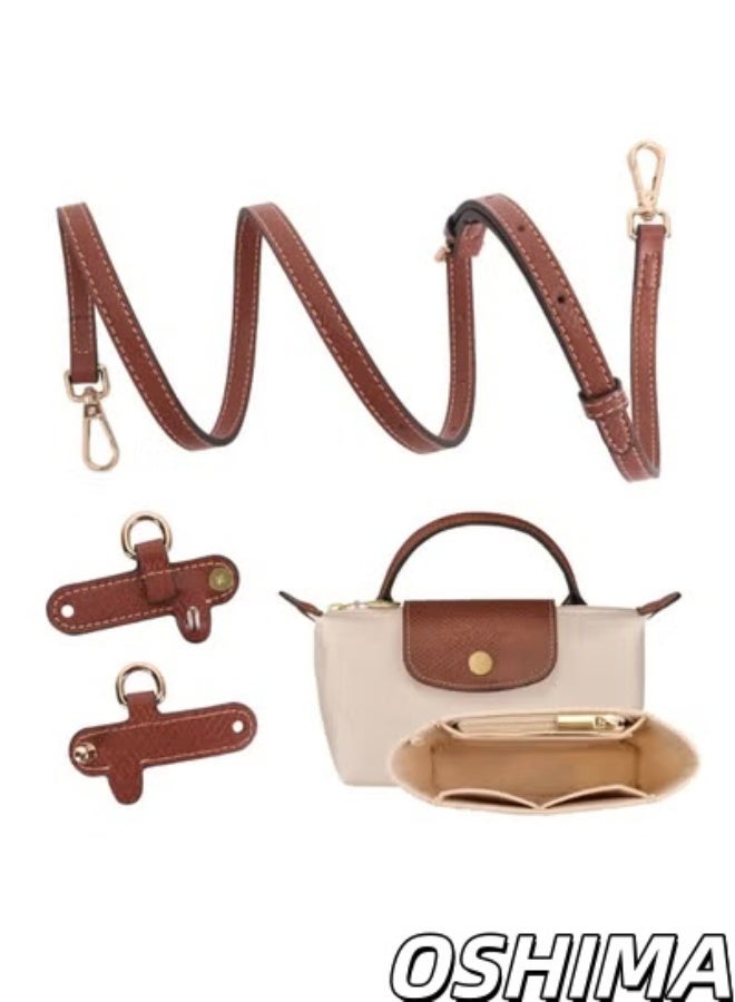 OSHIMA Leather Brown Crossbody Strap and Felt, Bag Organizer, Insert Fit for Longchamp Mini Bag, Handbag Purse Organizer, Mini Bag Strap Kit No-Punch Length Adjustable, Multi-Pocket Felt - Image 1